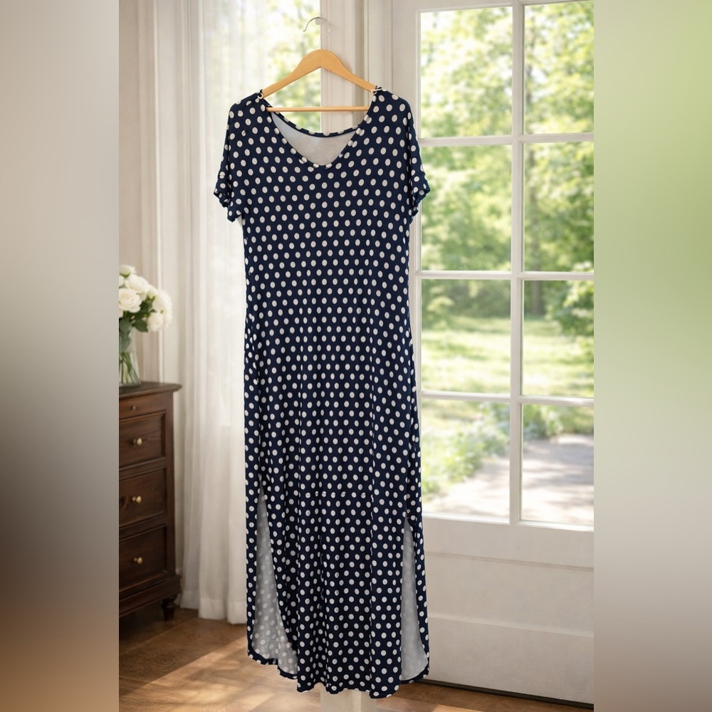 💙 GRECERELLE Navy Polka Dot Maxi Dress w/ Pockets – Size M 💙